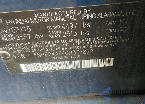 2016 Hyundai Sonata Se from USA, damaged, VIN 5NPE24AF4GH337892